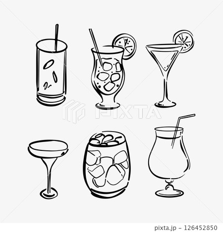 Hand-drawn doodle sketch set of six cocktail glasses, featuring martini, whiskey, gin, margarita, mojito, and rum. Ideal for bar menus, drink branding, and alcohol-related creative designs. 126452850