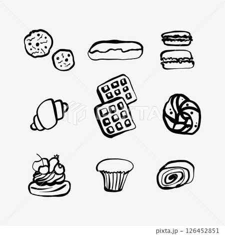 Hand-drawn doodle sketch set of nine different sweet treats, including waffles, muffins, cupcakes, and various pastries 126452851