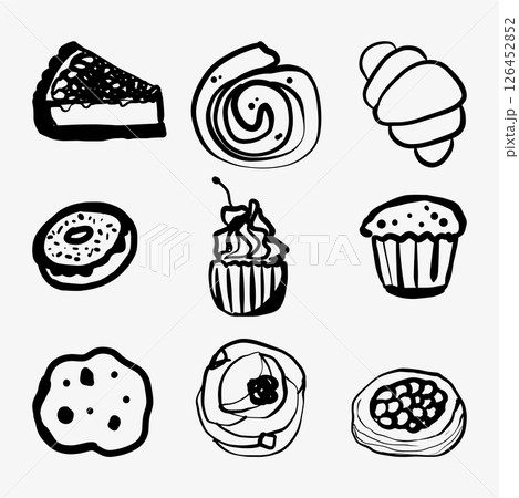 Hand-drawn doodle sketch of a croissant, buns, cake, muffin, and cupcake.  126452852