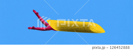 Banner. Creative artwork. Yellow pasta tube launches from midair with elegant female legs in red tights bursting out against bright blue background. Banner. Creative artwork. Yellow pasta tube launches from midair with elegant female legs in red tights bursting out against bright blue background. 126452888