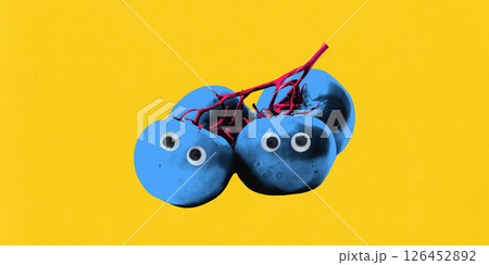 Contemporary art collage. Branch of tomatoes painted bright blue with cartoonish eyes stares against vivid yellow background, show playful twist on food identity Contemporary art collage. Branch of tomatoes painted bright blue with cartoonish eyes stares against vivid yellow background, show playful twist on food identity 126452892