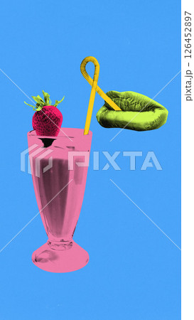 Contemporary art collage. Green lips drink from yellow straw stuck in pink milkshake topped with strawberry, forming surreal detox. 126452897