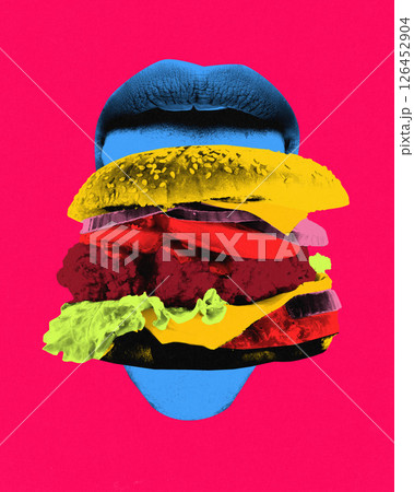 Conceptual art collage. Vibrant burger stack merges with surreal lips against pink background, creating explosive pop vision of consumption and identity. 126452904