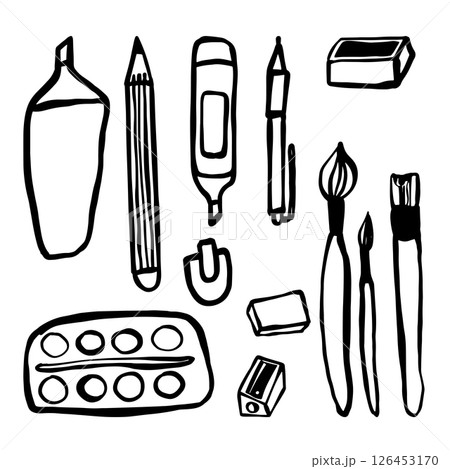 Hand-Drawn Doodle Illustration of Art Supplies: Brush, Paints, Sharpener, Pencil, Pen, Eraser in Sketch Style, Ideal for Branding  126453170
