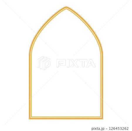 Decorative gold shiny arch frame. 3d luxury geometric arch frame in oriental style. Decorative element for wedding invitation, grand opening, greeting card, certificate. Vector illustration 126453262