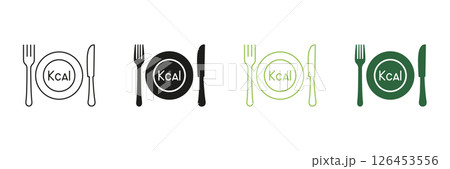 Calorie Count Line and Silhouette Icon Set With Plate, Fork, Knife. Healthy Dining And Nutrition Icon. Healthy Eating And Diet. Editable Stroke. Isolated Vector Illustration Calorie Count Line and Silhouette Icon Set With Plate, Fork, Knife. Healthy Dining And Nutrition Icon. Healthy Eating And Diet. Editable Stroke. Isolated Vector Illustration 126453556