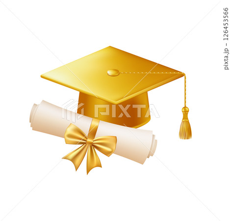 3d diploma scroll with graduate hat. Vintage roll paper 126453566