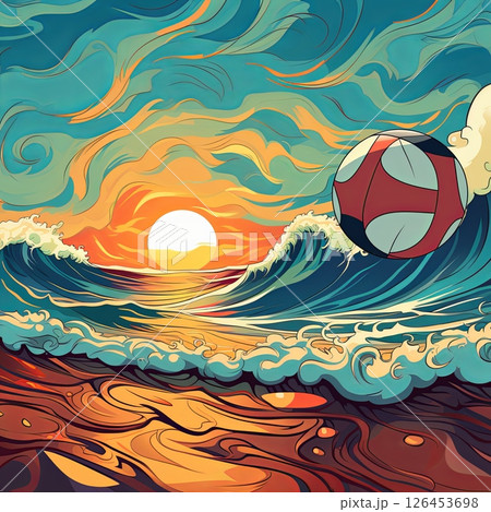 Vibrant Ocean Sunset with a Retro Beach Ball Abstract Seascape Painting Style 126453698