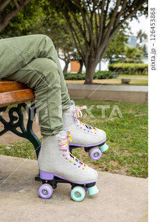 View of legs with skates on, ready to skate View of legs with skates on, ready to skate 126453868
