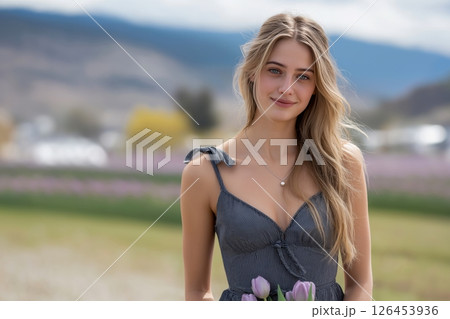 Smiling Woman in Black and White Dress Holds Purple Tulips in a Field Smiling Woman in Black and White Dress Holds Purple Tulips in a Field 126453936