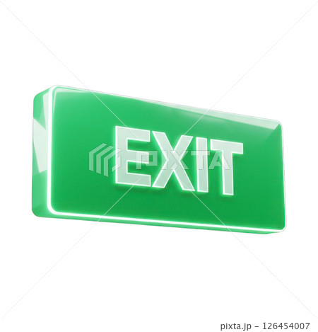 Green illuminated exit sign with white letters for emergency escape route 126454007