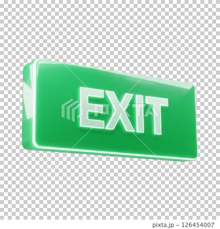 Green illuminated exit sign with white letters for emergency escape route 126454007