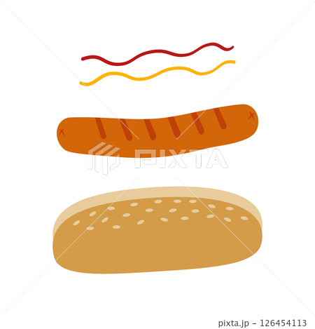 Flying Hot Dog main ingredients Sesame bun, grilled sausages, mustard and ketchup stripe. Fast food 126454113