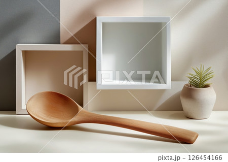 Beige and White Minimalist Still Life with Wooden Spoon and Succulent 126454166