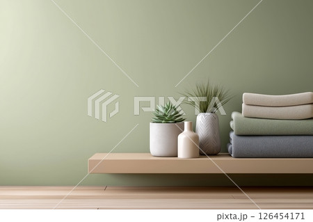 Beige Shelf with Sage Green Wall, Neutral Textiles and Succulents 126454171