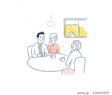 テーブルを囲んで話をしている3人 テーブルを囲んで話をしている3人 126454247