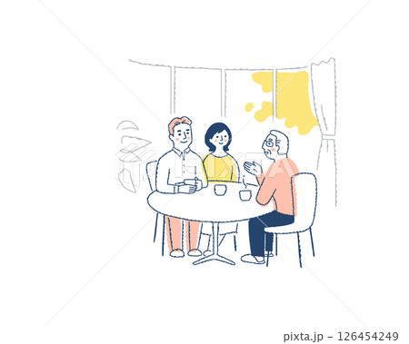 テーブルを囲んで話をしている3人 126454249