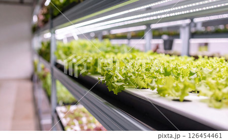 Indoor vertical farm with leafy greens LED lights modern 126454461