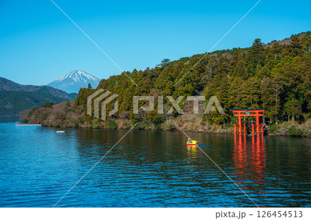 Mount Fuji View Over Lake Ashi with Torii Gate 126454513