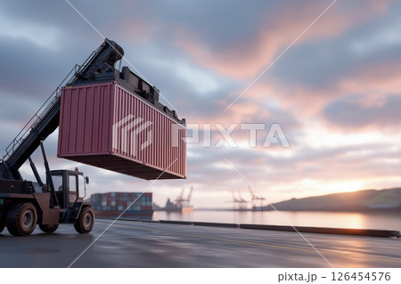 Red Shipping Container Lifted by Crane at Sunset Port 126454576