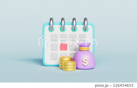 Financial Planning and Calendar with Coins and Money Bag. 3D Rendering. Financial Planning and Calendar with Coins and Money Bag. 3D Rendering. 126454655