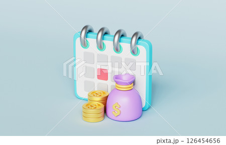 Financial Planning and Calendar with Coins and Money Bag. 3D Rendering. 126454656
