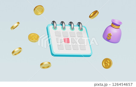 Financial Planning and Calendar with Coins and Money Bag. 3D Rendering. 126454657