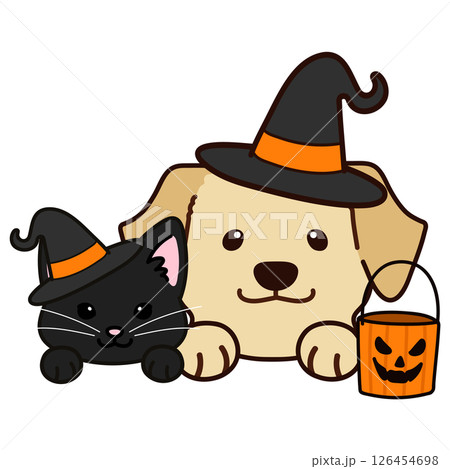 ハロウィンの仮装をしたラブラドールレトリーバーと黒猫 126454698