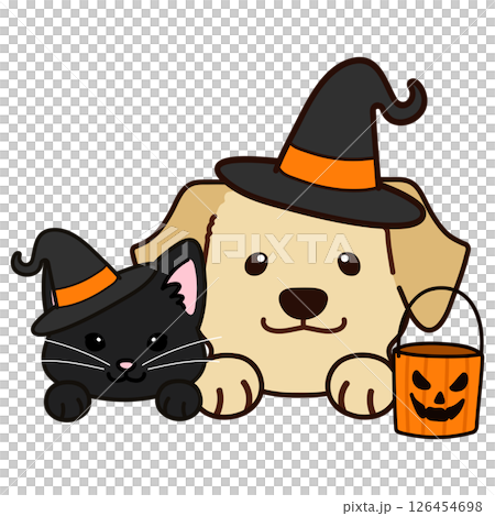 ハロウィンの仮装をしたラブラドールレトリーバーと黒猫 126454698
