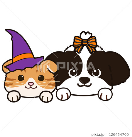 ハロウィンの仮装をしたシーズーとスコティッシュフォールド 126454700