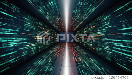 Futuristic digital tunnel with glowing data streams and neon lights creating immersive high-tech cyber environment for virtual reality and advanced technology concepts 126454702