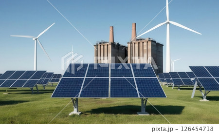 Renewable energy power plant with solar panels and wind turbines generating clean electricity in a sustainable green environment with a factory in the background 126454718