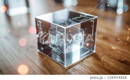Innovative transparent holographic display cube showcasing digital information with futuristic technology on a wooden surface in a modern environment 126454888
