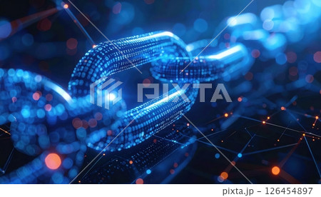 Futuristic digital chain link with glowing blue network connections symbolizing blockchain technology and digital security in a high-tech data environment 126454897