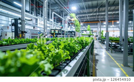Modern indoor agricultural farm with high-tech automation for sustainable vegetable cultivation in a spacious climate-controlled environment 126454910