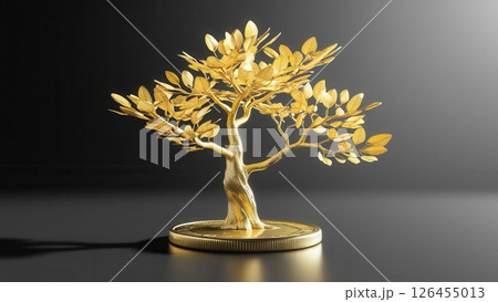 Golden tree sculpture coin base, symbolizing growth and prosperity 126455013