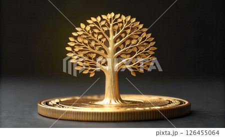 Detailed golden tree sculpture growing from coin, symbolizing 126455064