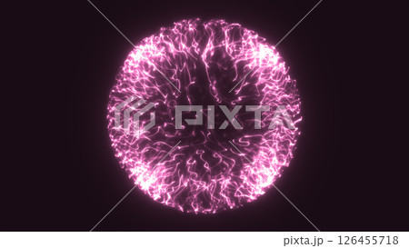 Glowing purple digital sphere formed by flowing energy lines against a dark background 126455718