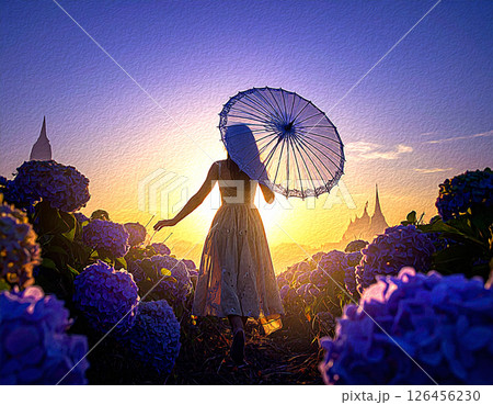 花畑を傘をさして歩く美女 126456230