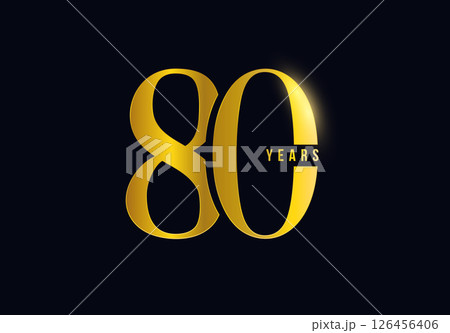 80 Years Anniversary Logo Celebration Design on Dark Background for corporate branding, business event, invitation, milestone promo. 80th numbers gold typography for luxury brand. Vector illustration 126456406