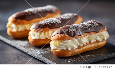delicious mouth-watering eclairs with cream and chocolate for restaurant menu 126456557