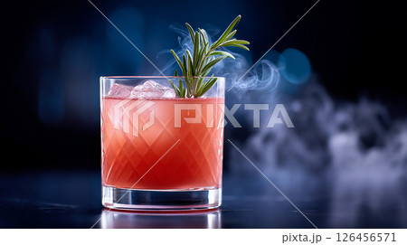 refreshing alcoholic drink cocktail with rosemary liqueur and dry ice for restaurant menu 126456571