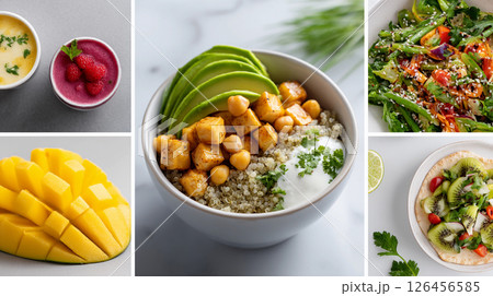 collage of healthy food dishes bowl with avocado and mango with fruits for diet for restaurant menu 126456585