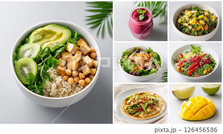 collage of healthy food dishes bowl with avocado and mango with fruits for diet for restaurant menu 126456586