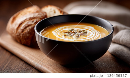 pumpkin puree soup with bread for restaurant menu 126456587