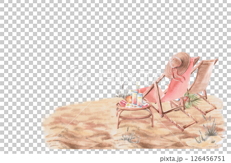 Two sun loungers, rear view and a table with juices standing on the sand. Isolated watercolor illustration on the theme of a beach holiday for the design of restaurants, tourist brochures. 126456751
