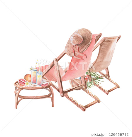 Two sun loungers, rear view and a table with juices. Isolated watercolor illustration on the theme of a beach holiday for the design of restaurants, tourist brochures, printing on fabric and textiles. Two sun loungers, rear view and a table with juices. Isolated watercolor illustration on the theme of a beach holiday for the design of restaurants, tourist brochures, printing on fabric and textiles. 126456752
