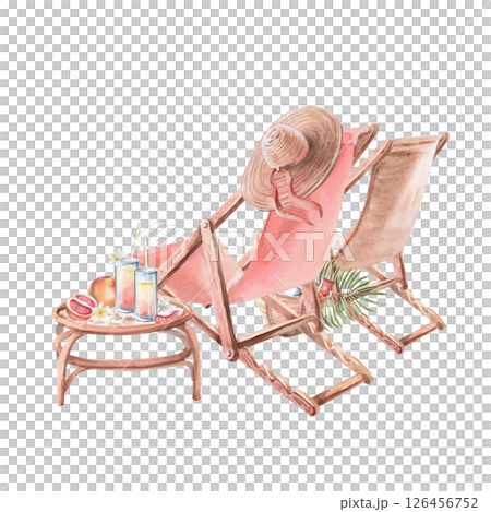 Two sun loungers, rear view and a table with juices. Isolated watercolor illustration on the theme of a beach holiday for the design of restaurants, tourist brochures, printing on fabric and textiles. 126456752