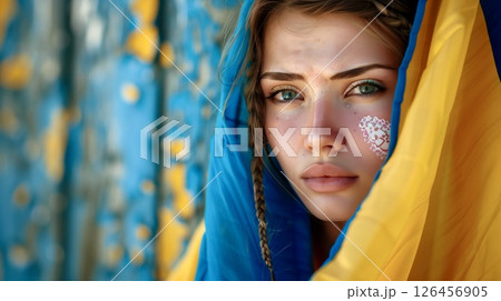 A young woman wrapped in a blue and yellow flag, symbolizing national pride, stands against a vibrant textured background outdoors 126456905