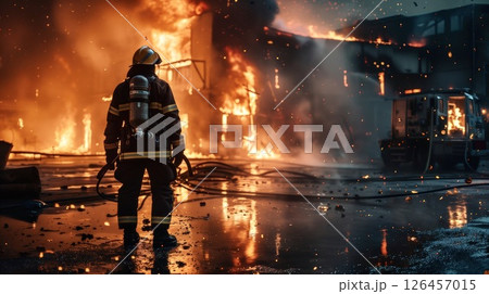 Firefighter battling a large blaze at an industrial site during the night while flames engulf the building and smoke rises 126457015